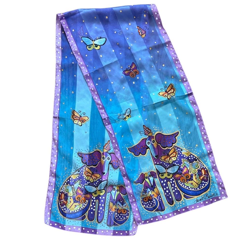 Laurel Burch 100% Silk Striped Butterfly Dog Polka Dot Rectangular Scarf